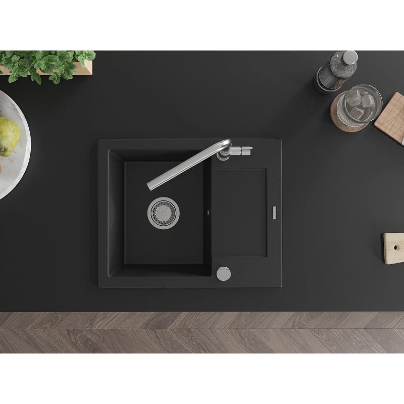 Mexen Enzo lava-loiça de granito de 1 bacia com escorredor e torneira de cozinha Flora, preto - 6506-77-670401-00