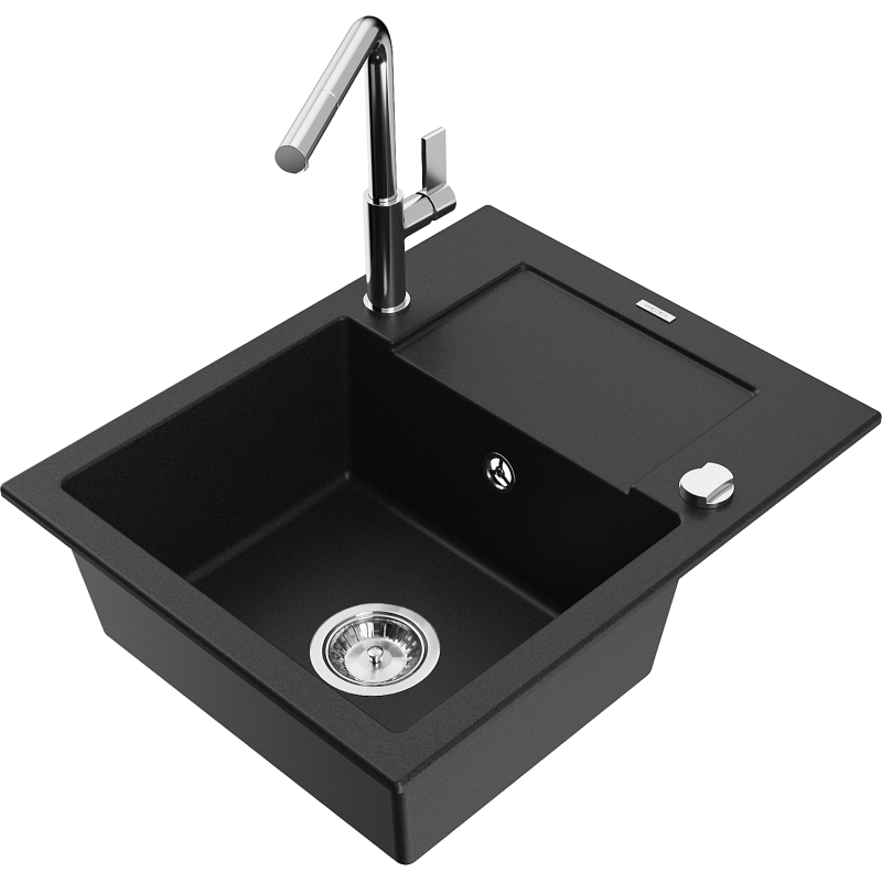 Mexen Enzo fregadero de granito de 1 cámara con escurridor y grifo de cocina Flora, negro - 6506-77-670401-00