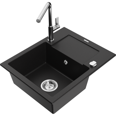 Mexen Enzo fregadero de granito de 1 cámara con escurridor y grifo de cocina Flora, negro - 6506-77-670401-00
