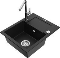 Mexen Enzo granite sink 1-bowl with drainer and Flora kitchen tap, black - 6506-77-670401-00