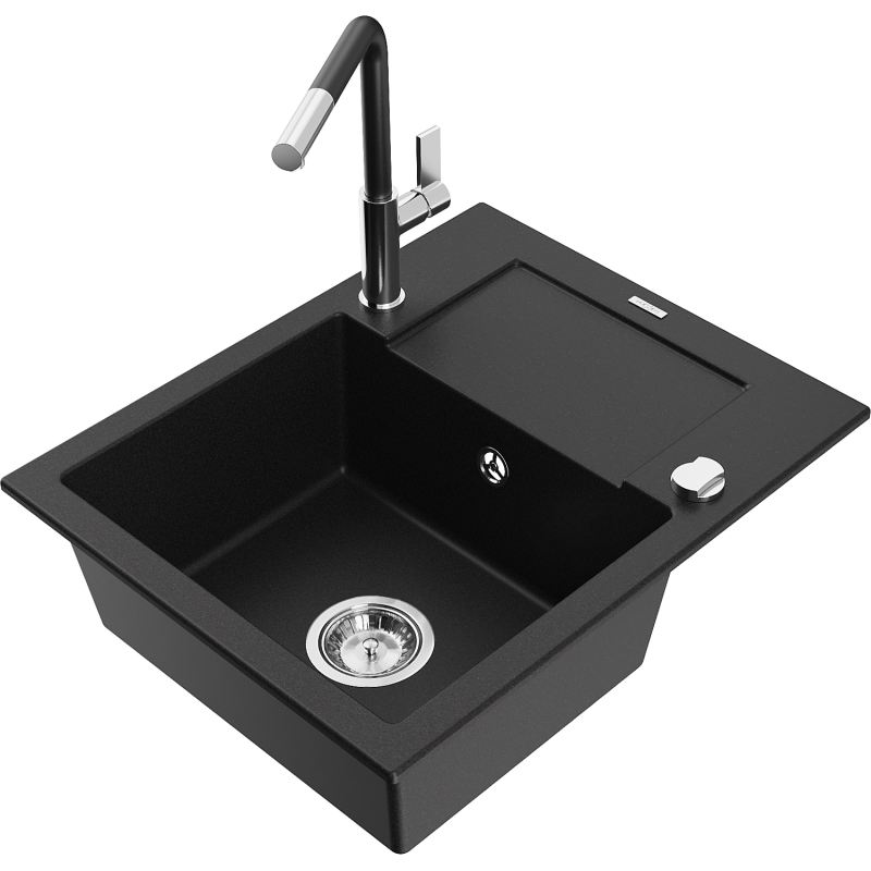Mexen Enzo fregadero de granito de 1 cubeta con escurridor y grifo de cocina Flora, negro - 6506-77-670401-07