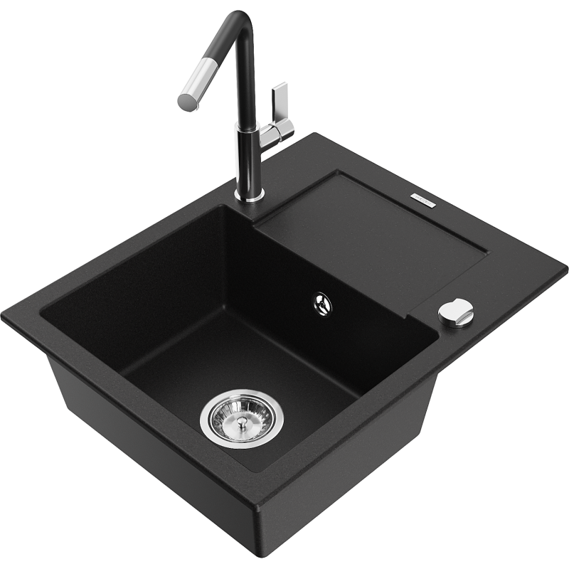 Mexen Enzo granitdiskbänk 1-fack med avrinningsyta och köksblandare Flora, svart - 6506-77-670401-07