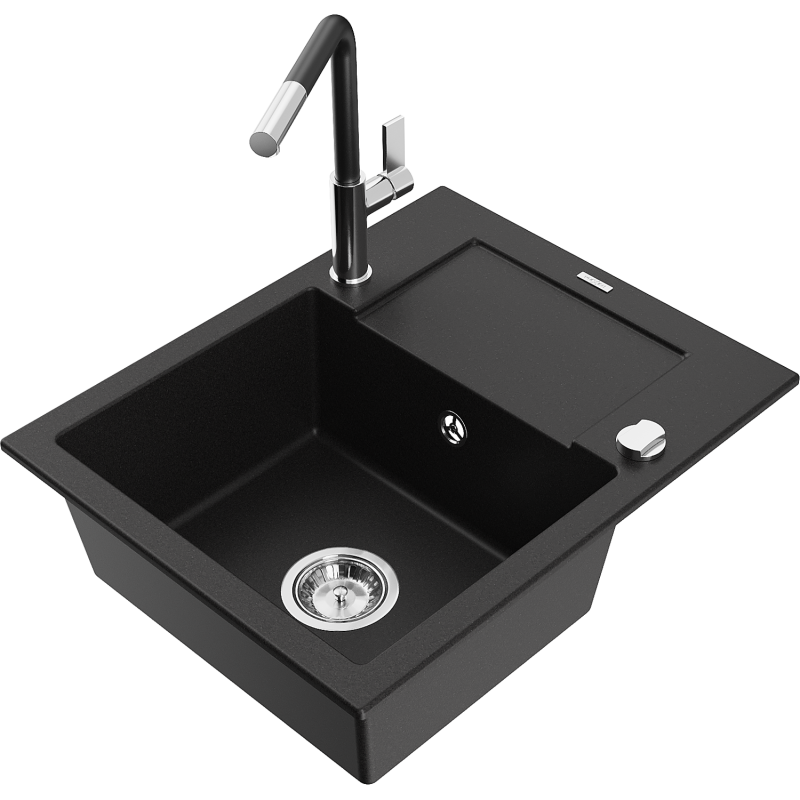 Mexen Enzo granitno enojno korito z odcejalnikom in kuhinjsko pipo Flora, črno - 6506-77-670401-07