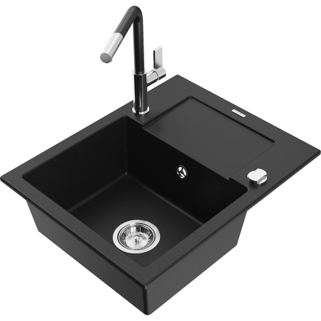 Mexen Enzo fregadero de granito de 1 seno con escurridor y grifo de cocina Flora, negro - 6506-77-670401-07