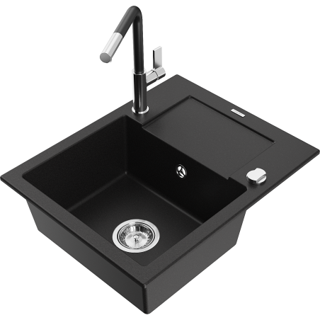 Mexen Enzo granite single-bowl sink with drainer and Flora kitchen faucet, black - 6506-77-670401-07