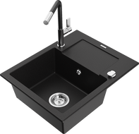 Mexen Enzo granite sink 1-bowl with drainer and Flora kitchen tap, black - 6506-77-670401-07