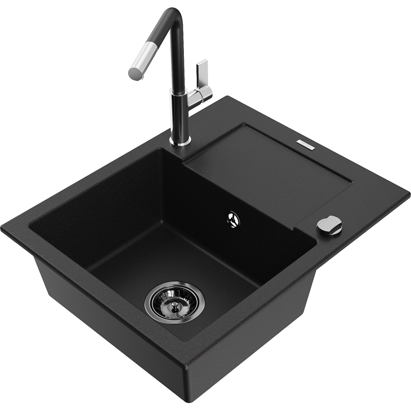 Mexen Enzo fregadero de granito de 1 seno con escurridor y grifo de cocina Flora, negro - 6506-77-670401-07-B