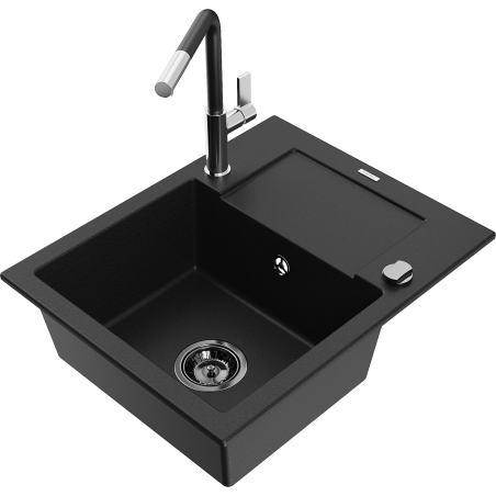 Mexen Enzo 1-bowl granite sink with drainer and Flora kitchen tap, black - 6506-77-670401-07-B