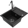 Mexen Enzo 1-bowl granite sink with drainer and Flora kitchen tap, black - 6506-77-670401-07-B