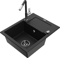 Mexen Enzo 1-bowl granite sink with drainer and Flora kitchen tap, black - 6506-77-670401-07-B
