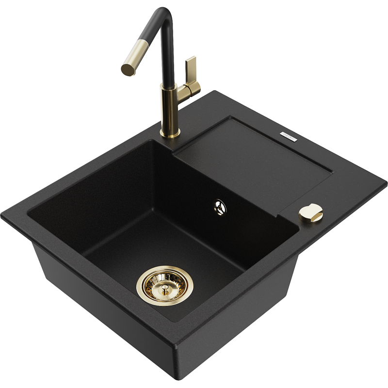 Mexen Enzo Graniittinen yksialtainen pesuallas kuivausalueella ja Flora-keittiöhana, musta - 6506-77-670401-57-G