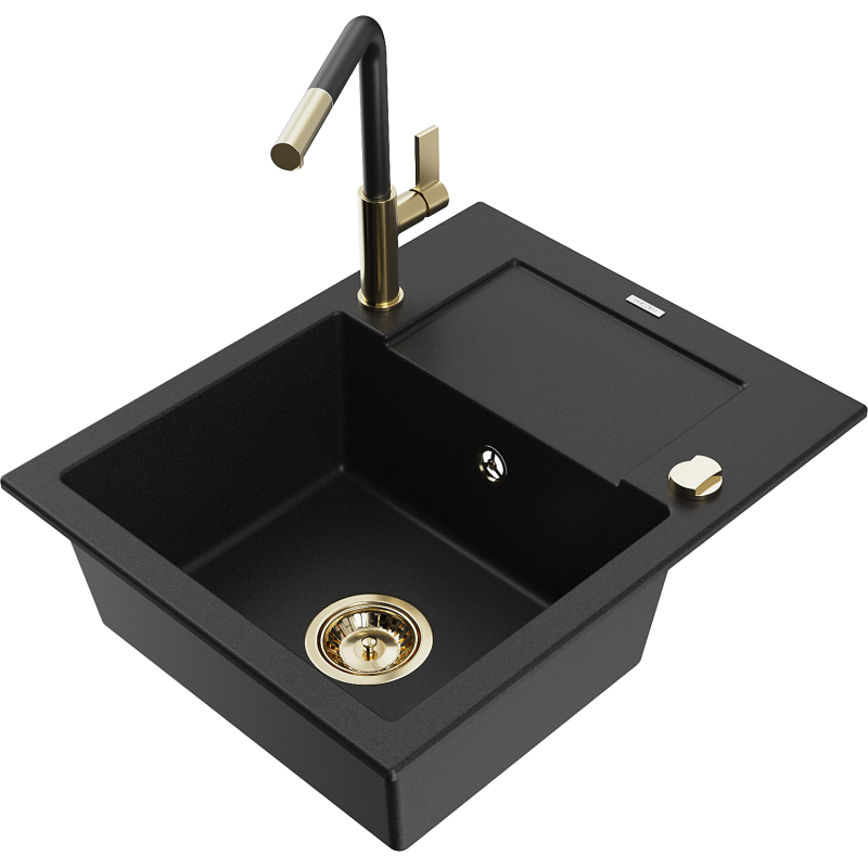 Mexen Enzo granite sink 1-bowl with drainer and Flora kitchen tap, black - 6506-77-670401-57-G