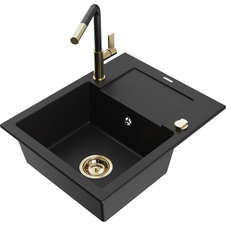 Mexen Enzo granite sink 1-bowl with drainer and Flora kitchen tap, black - 6506-77-670401-57-G
