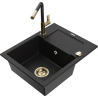Mexen Enzo granite sink 1-bowl with drainer and Flora kitchen tap, black - 6506-77-670401-57-G