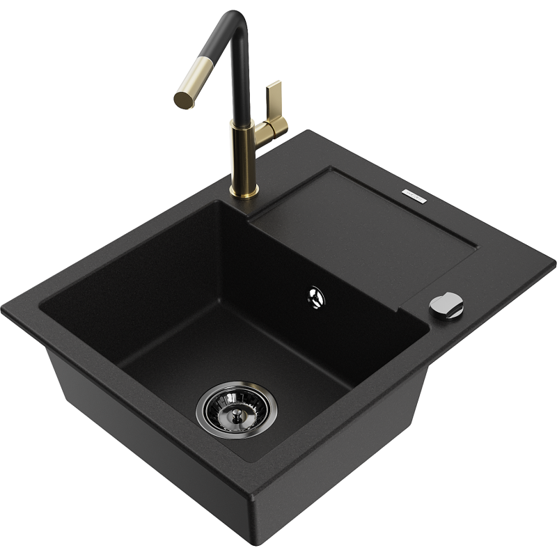 Mexen Enzo fregadero de granito de 1 cubeta con escurridor y grifo de cocina Flora, negro - 6506-77-670401-57-B