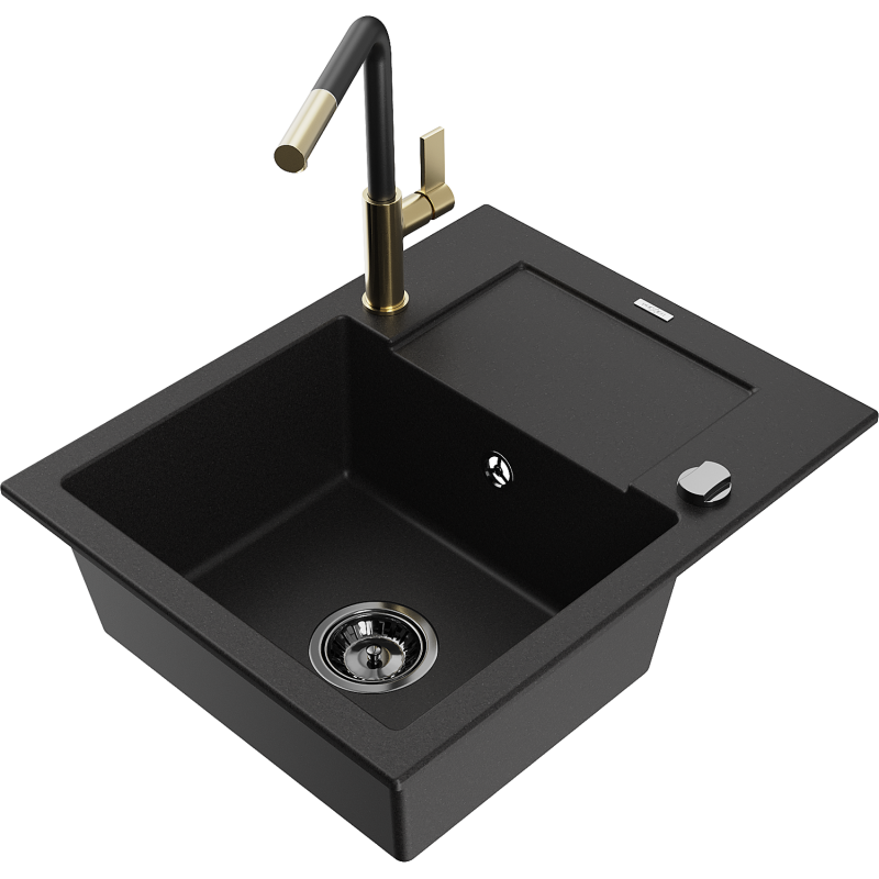 Mexen Enzo granite kitchen sink 1-bowl with drainer and Flora kitchen tap, black - 6506-77-670401-57-B