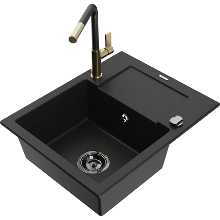 Mexen Enzo granite kitchen sink 1-bowl with drainer and Flora kitchen tap, black - 6506-77-670401-57-B