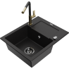 Mexen Enzo granite kitchen sink 1-bowl with drainer and Flora kitchen tap, black - 6506-77-670401-57-B