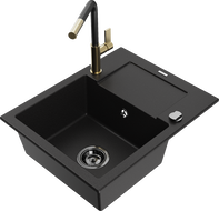 Mexen Enzo granite kitchen sink 1-bowl with drainer and Flora kitchen tap, black - 6506-77-670401-57-B