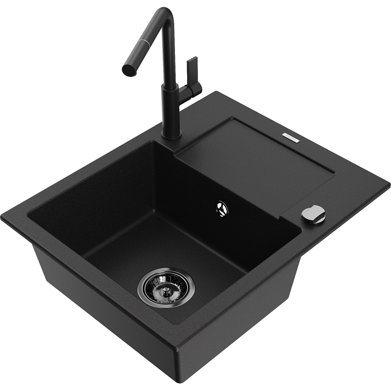 Mexen Enzo fregadero de granito de 1 seno con escurridor y grifo de cocina Flora, negro - 6506-77-670401-70-B