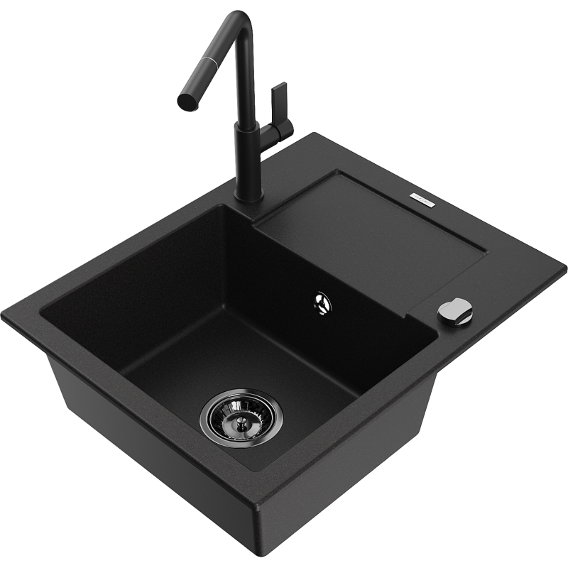 Mexen Enzo Granit-Abwaschbecken mat enger Schoss an Kichebatterie Flora, schwaarz - 6506-77-670401-70-B