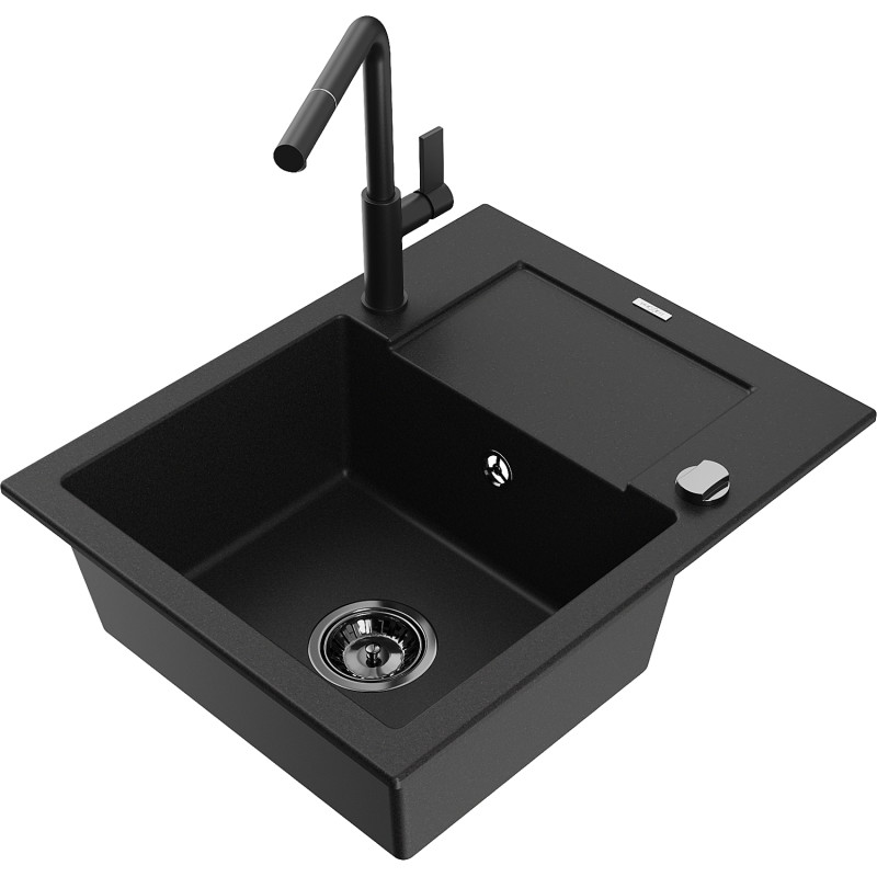 Mexen Enzo Granitspüle 1-Becken mit Abtropffläche und Küchenarmatur Flora, schwarz - 6506-77-670401-70-B