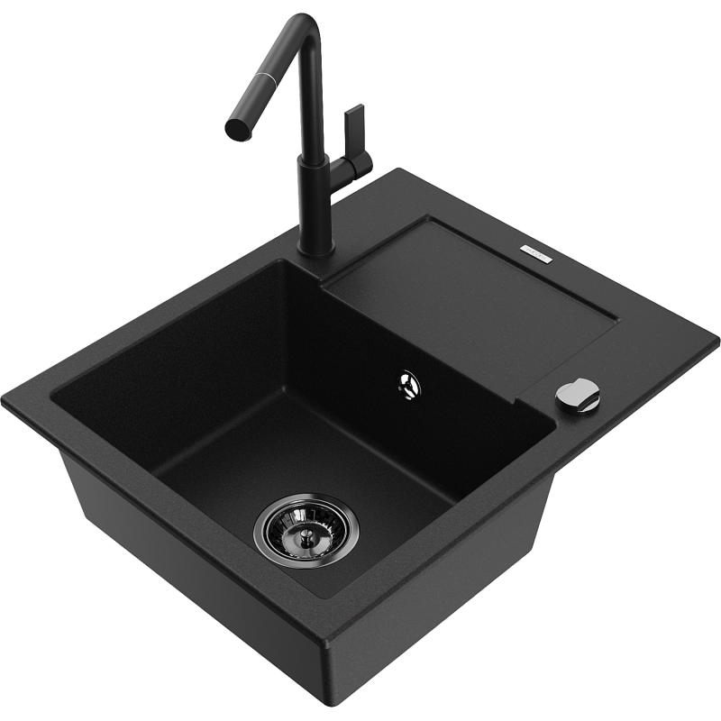 Mexen Enzo lava-loiça de granito de 1 cuba com escorredor e torneira de cozinha Flora, preto - 6506-77-670401-70-B