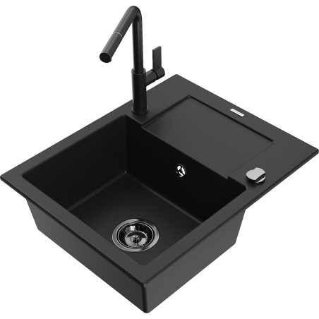 Mexen Enzo fregadero de granito de 1 seno con escurridor y grifo de cocina Flora, negro - 6506-77-670401-70-B
