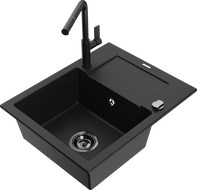 Mexen Enzo granite kitchen sink 1-bowl with drainer and Flora kitchen faucet, black - 6506-77-670401-70-B