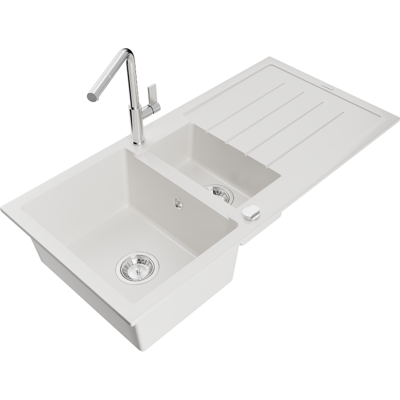 Mexen Andres fregadero de granito de 1,5 senos con escurridor y grifo de cocina Flora, blanco - 6515-20-670401-00