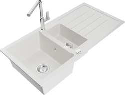 Mexen Andres fregadero de granito de 1,5 senos con escurridor y grifo de cocina Flora, blanco - 6515-20-670401-00
