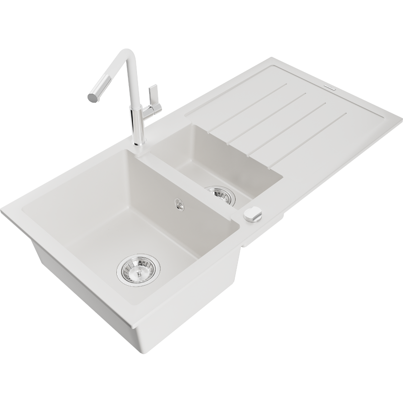 Mexen Andres 1.5-bowl granite sink with drainer and Flora kitchen tap, white - 6515-20-670401-02