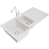Mexen Andres 1.5-bowl granite sink with drainer and Flora kitchen tap, white - 6515-20-670401-02