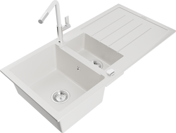 Mexen Andres lava-loiça de granito 1,5 cubas com escorredor e torneira de cozinha Flora, branco - 6515-20-670401-02