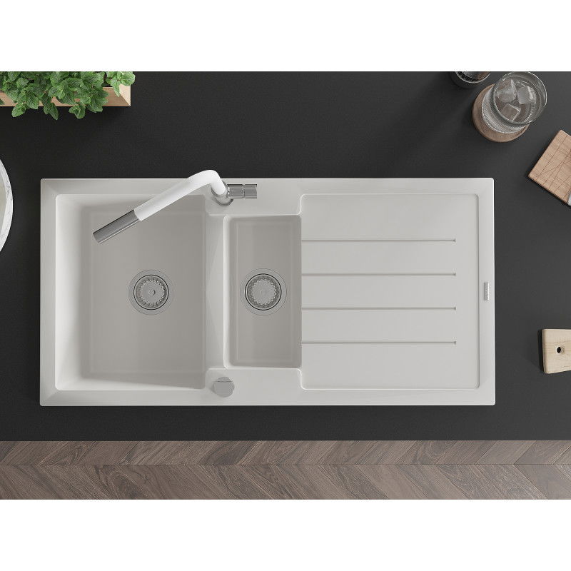 Mexen Andres 1.5-bowl granite sink with drainer and Flora kitchen tap, white - 6515-20-670401-02