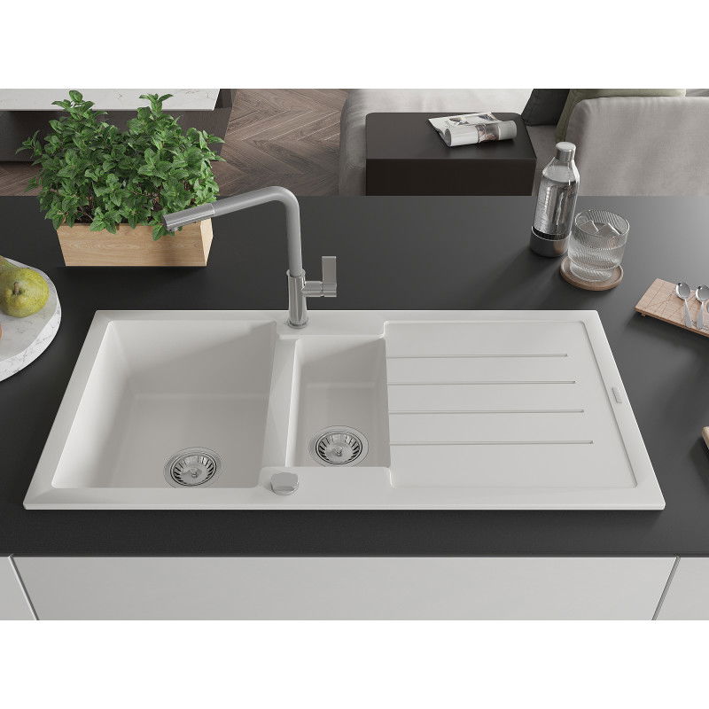 Mexen Andres granite sink 1.5-bowl with drainer and Flora kitchen tap, white - 6515-20-670401-06