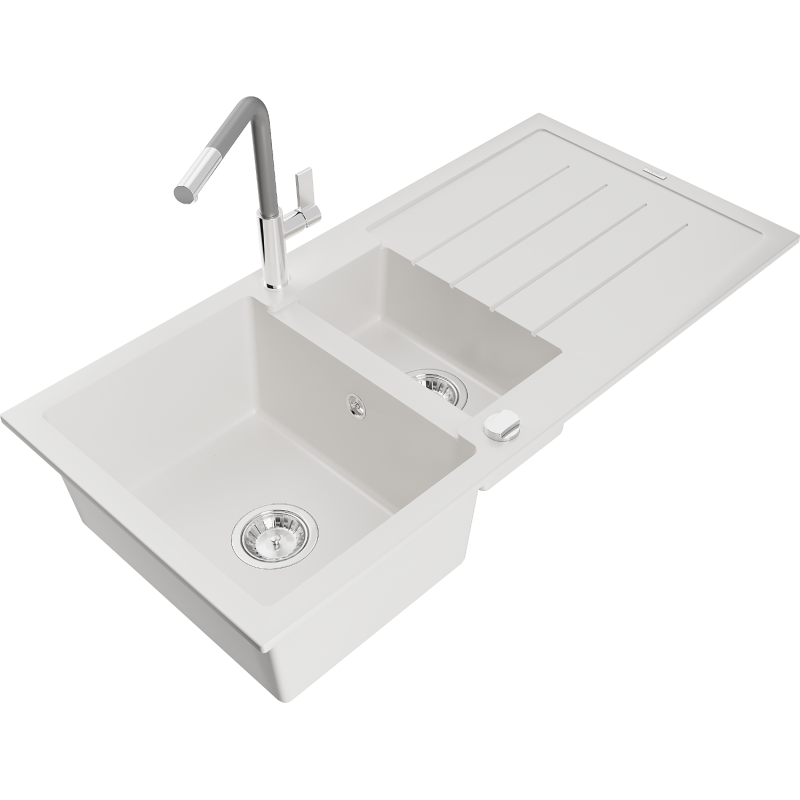 Mexen Andres Granitspüle 1,5-Becken mit Abtropfbereich und Küchenarmatur Flora, weiß - 6515-20-670401-06