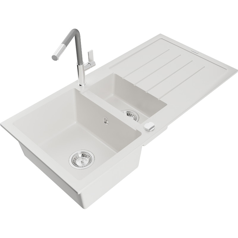 Mexen Andres Granitspüle 1,5-Becken mit Abtropffläche und Küchenarmatur Flora, weiß - 6515-20-670401-06