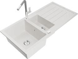 Mexen Andres granite sink 1.5-bowl with drainer and Flora kitchen tap, white - 6515-20-670401-06