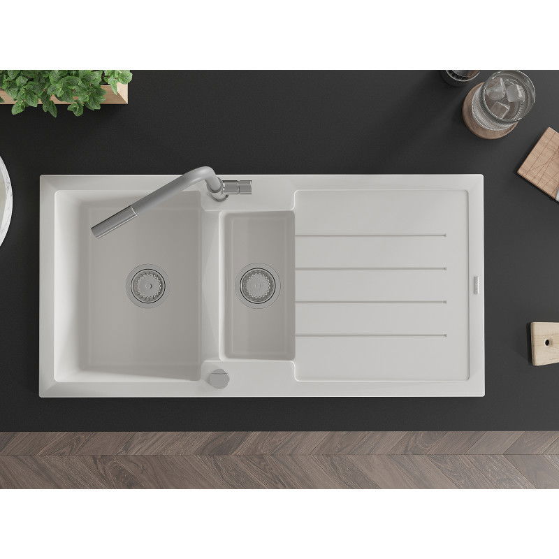 Mexen Andres granite sink 1.5-bowl with drainer and Flora kitchen tap, white - 6515-20-670401-06