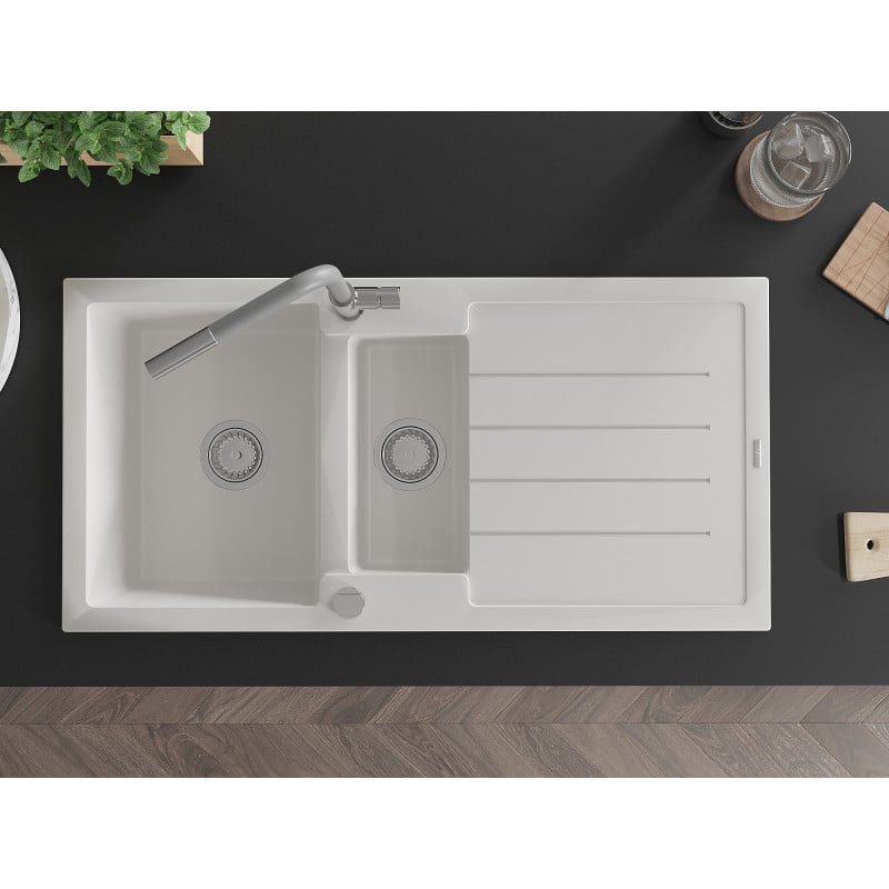 Mexen Andres Granitspüle 1,5-Becken mit Abtropfbereich und Küchenarmatur Flora, weiß - 6515-20-670401-06