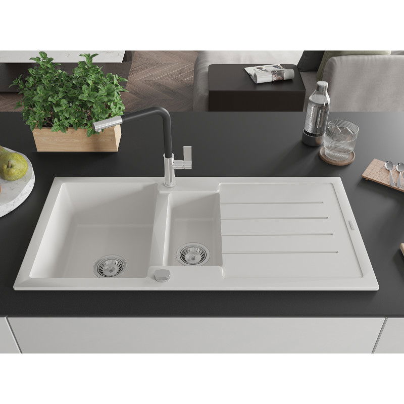 Mexen Andres granite sink 1.5-bowl with drainer and Flora kitchen tap, white - 6515-20-670401-07
