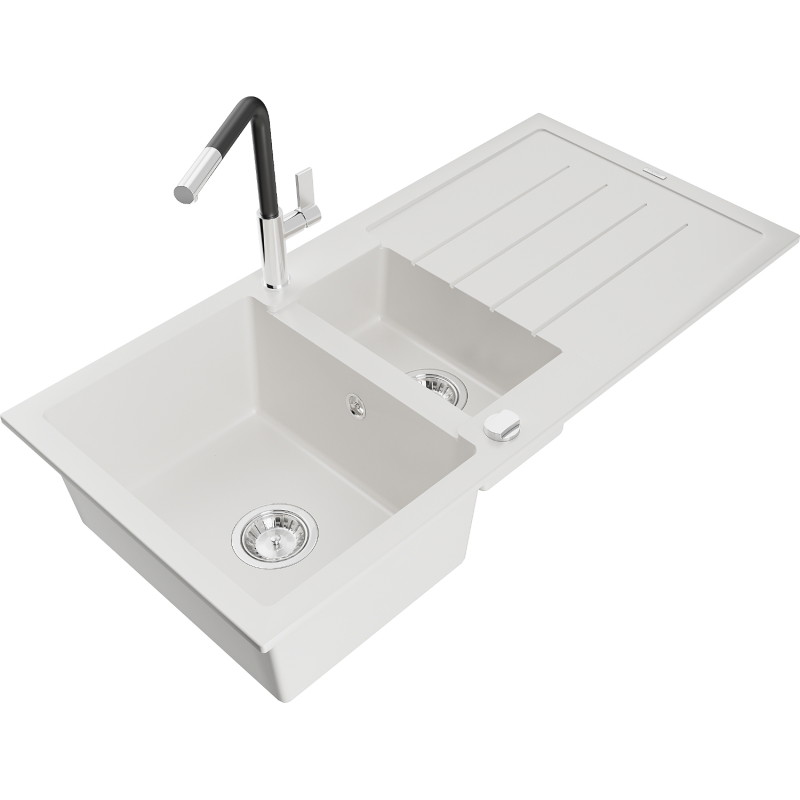 Mexen Andres 1,5-Kammer-Granitsenke mit Abtropffläche und Küchenarmatur Flora, weiß - 6515-20-670401-07