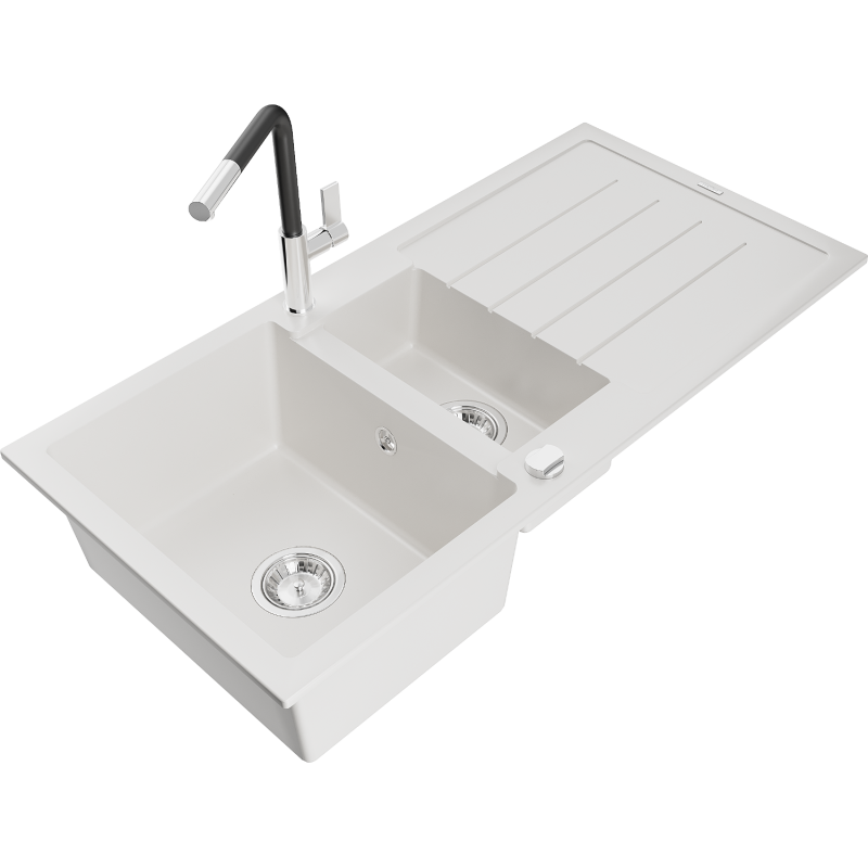 Mexen Andres granite sink 1.5-bowl with drainer and Flora kitchen tap, white - 6515-20-670401-07