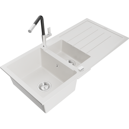Mexen Andres 1.5-bowl granite sink with drainer and Flora kitchen faucet, white - 6515-20-670401-07