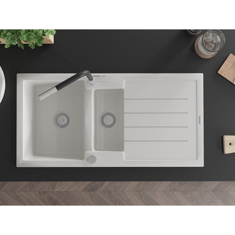 Mexen Andres lava-loiça de granito 1,5-cubas com escorredor e torneira de cozinha Flora, branco - 6515-20-670401-07