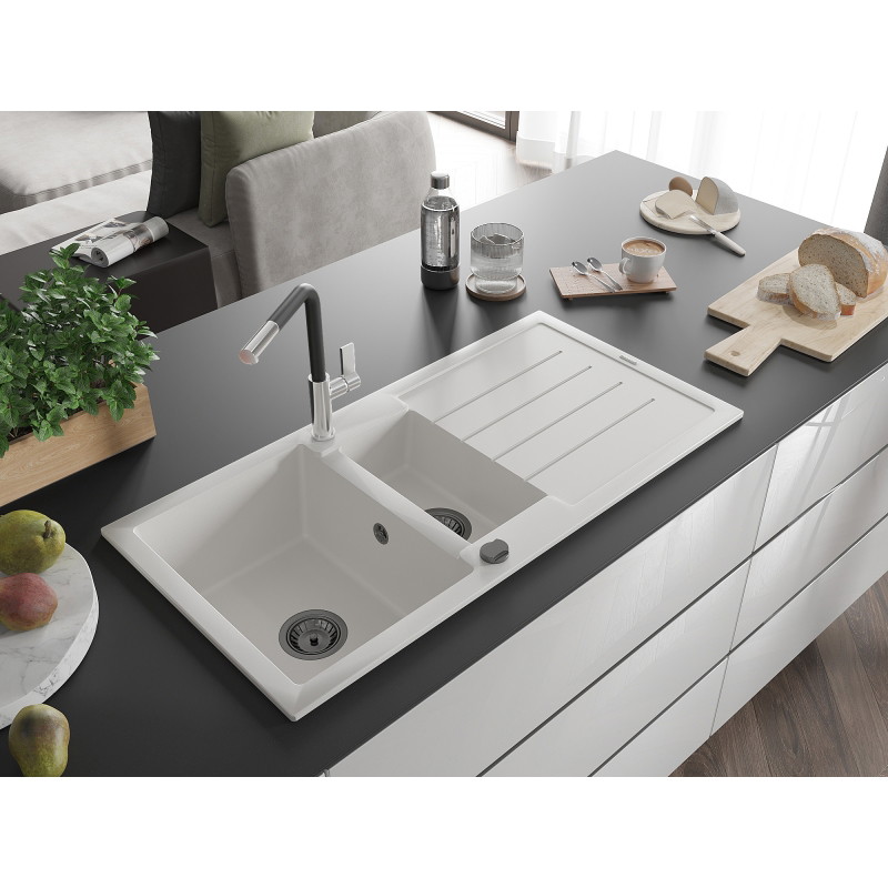 Mexen Andres granitische gootsteen 1,5-comparte met afdruiprek en keukenmengkraan Flora, wit - 6515-20-670401-07-B