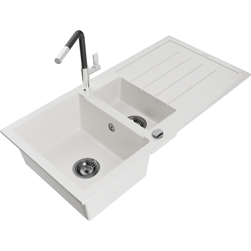 Mexen Andres fregadero de granito de 1,5 senos con escurridor y grifo de cocina Flora, blanco - 6515-20-670401-07-B