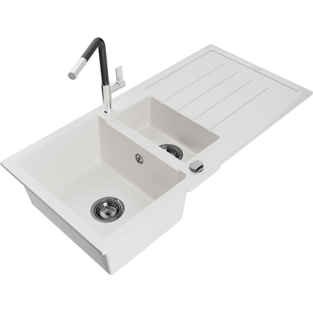 Mexen Andres fregadero de granito de 1,5 senos con escurridor y grifo de cocina Flora, blanco - 6515-20-670401-07-B