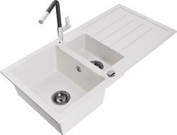 Mexen Andres granite sink 1.5-bowl with drainer and Flora kitchen tap, white - 6515-20-670401-07-B